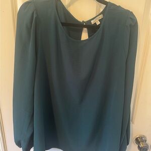 nine britton Teal Long-Sleeve Keyhole Blouse